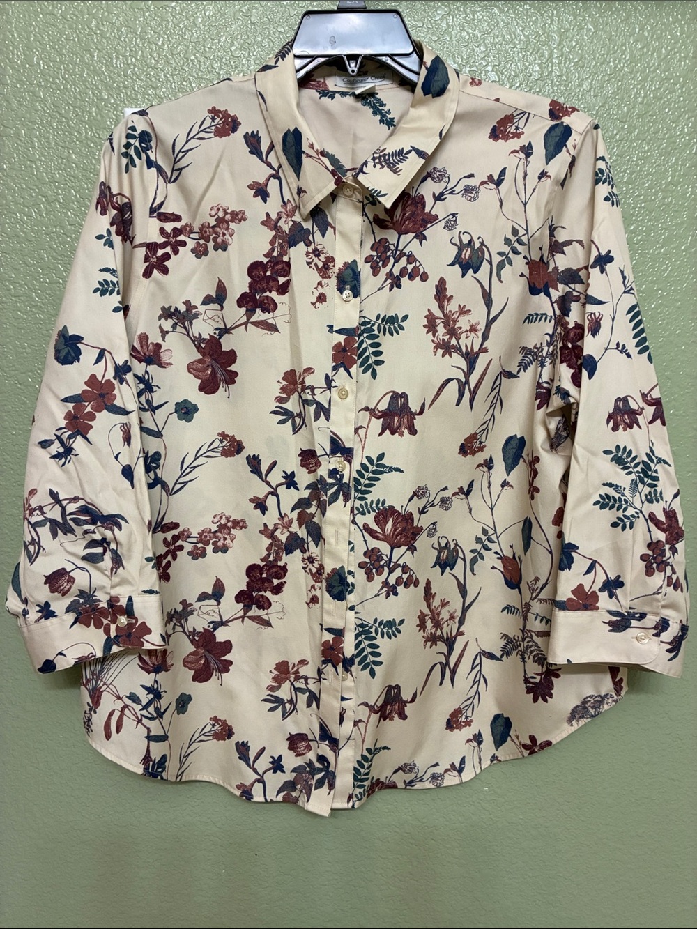 Coldwater Creek Floral Button Down Shirt in Cream & Blue Size 18 100% cotton